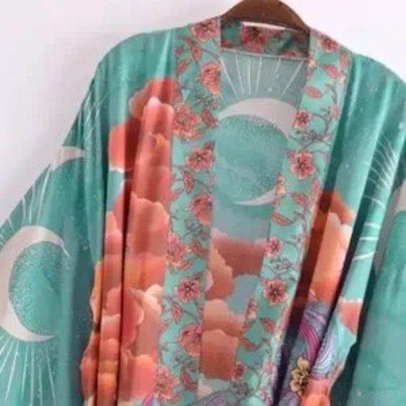 Green Cosmic Galaxy Moon Boho Short Kimono Coverup Robe - Picture 4 of 11